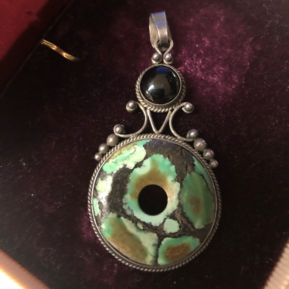 Vintage Chinese Turquoise & Onyx .925 Pendant